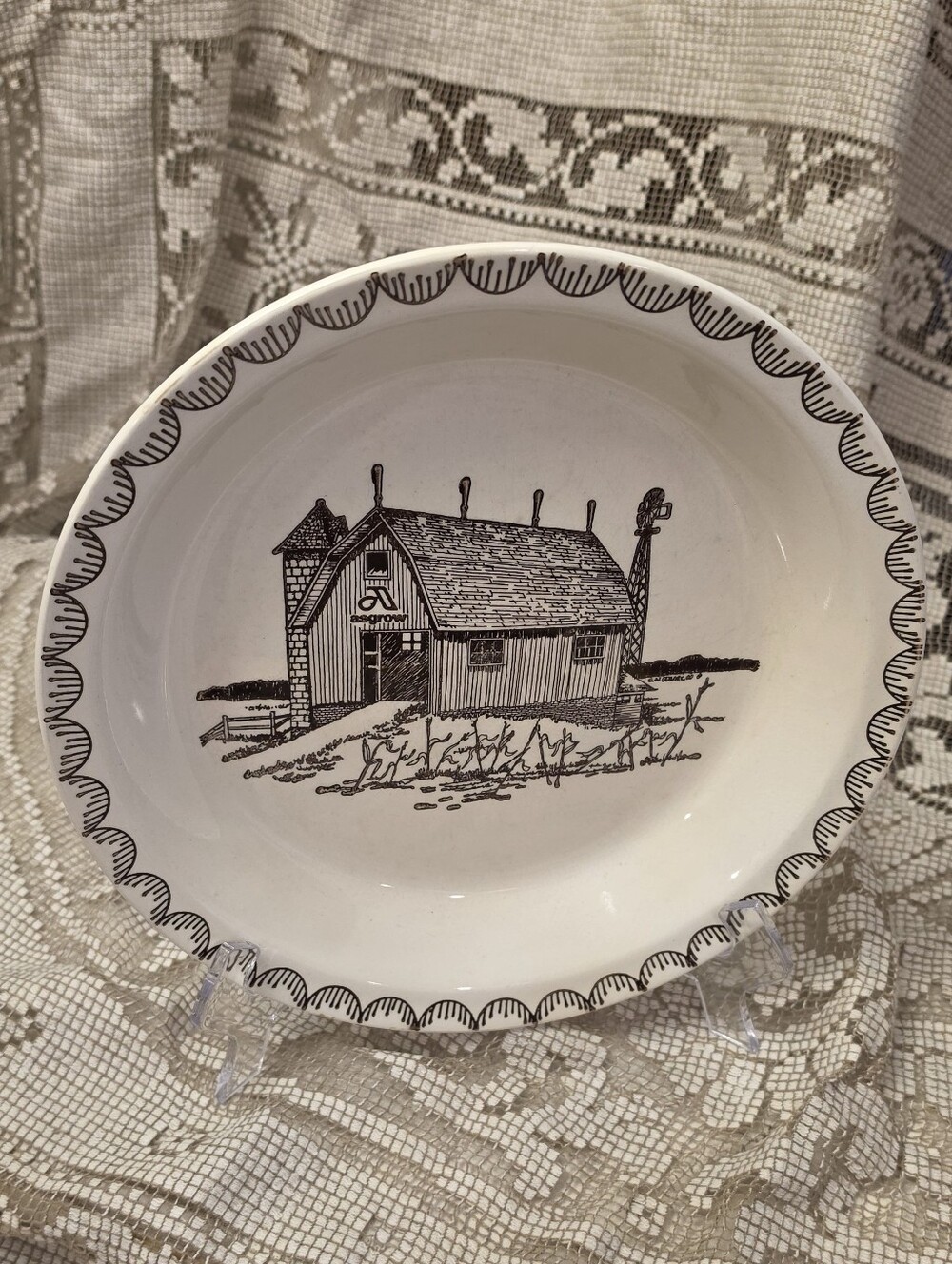 Vtg Asgrow Barn Pie Plate 10.5" Ceramic Baking Dish Farmhouse Seed Advertising